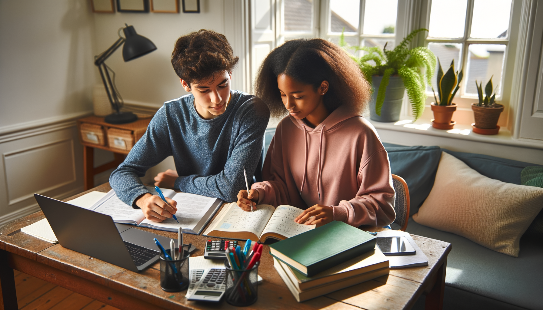Teen couple studying together