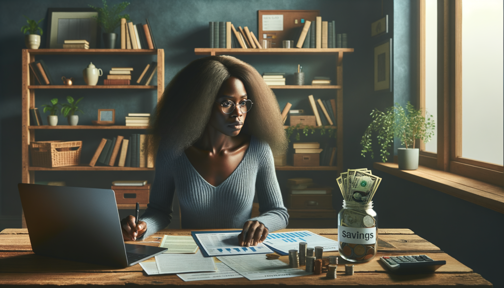 Young woman in a yellow sweater smiles while holding a pink piggy bank and cash at a desk with a laptop.